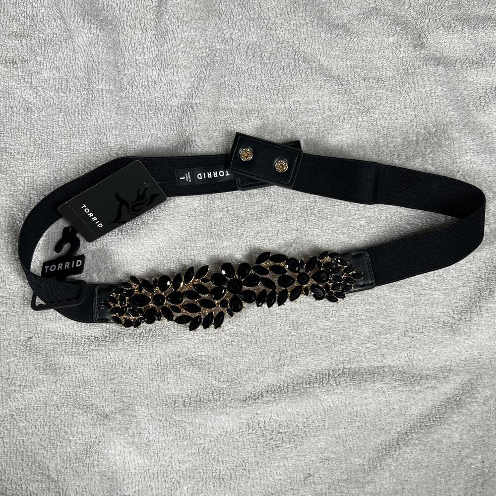 Torrid Belt Womens One Size Black Bling Floral Stretch Rhinestone Waist 31-33